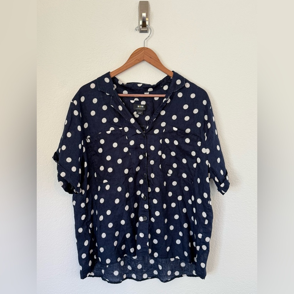 Anthropologie Maeve Navy Polka Dot Top 100% Linen, Button-Up, Size XL